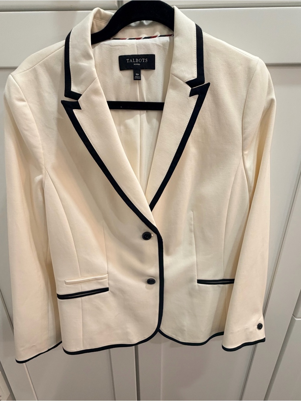 Talbots Cream Blazer with Black Piping - Women's Tailored Jacket